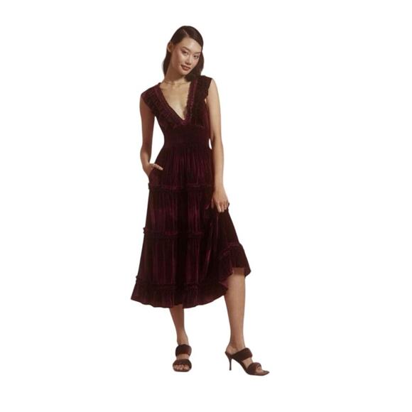 Anthropologie Love The Label Ruffled Velvet V-Neck Maxi Dress Size Large - Picture 1 of 14